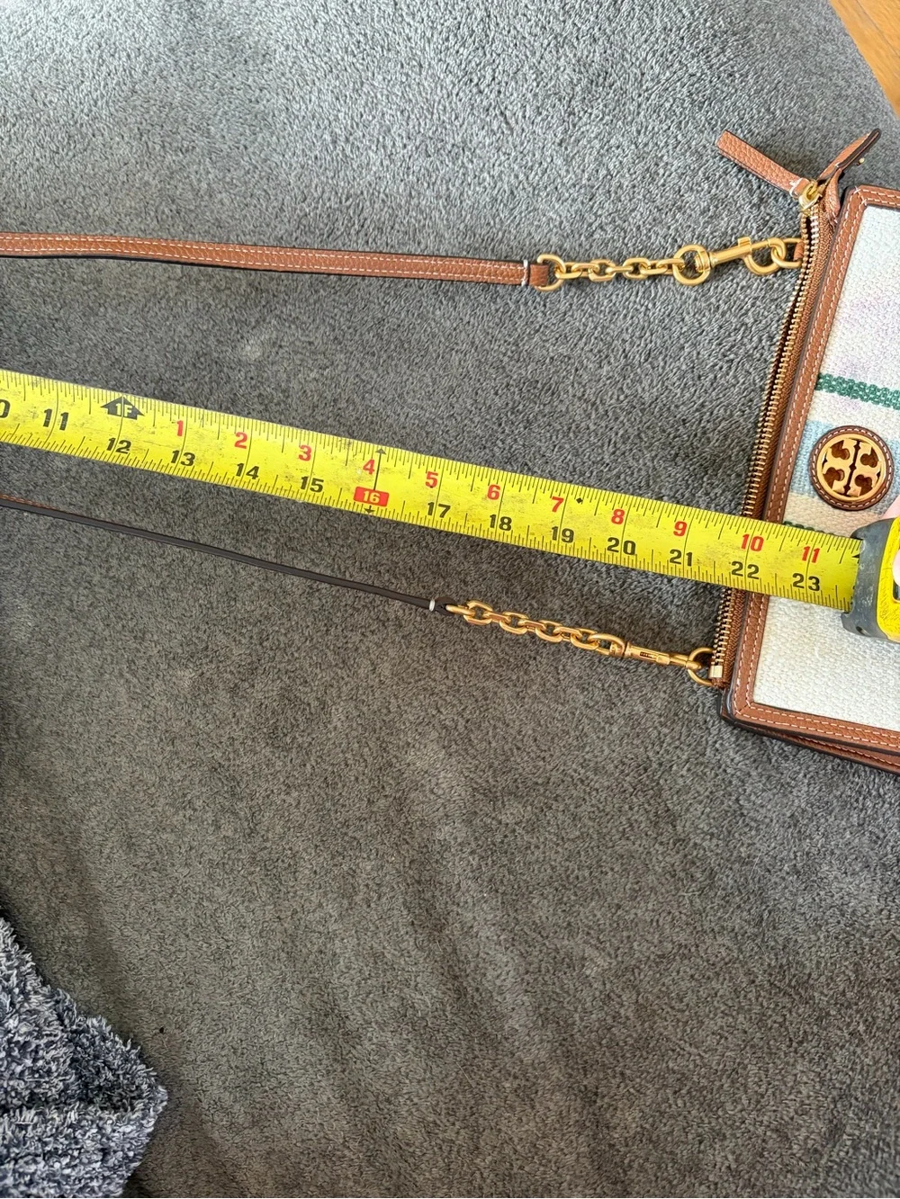 Tory Burch Cream Canvas Crossbody with Brown Trim and Green/Blue Stripes